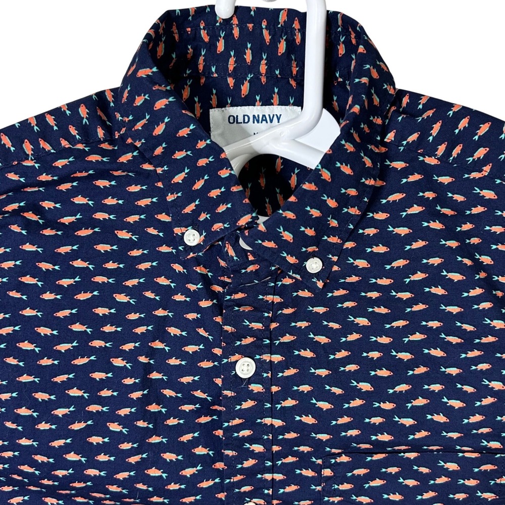 Old Navy Mens Short Sleeve Button Down Shirt Navy Fish Print Size Medium